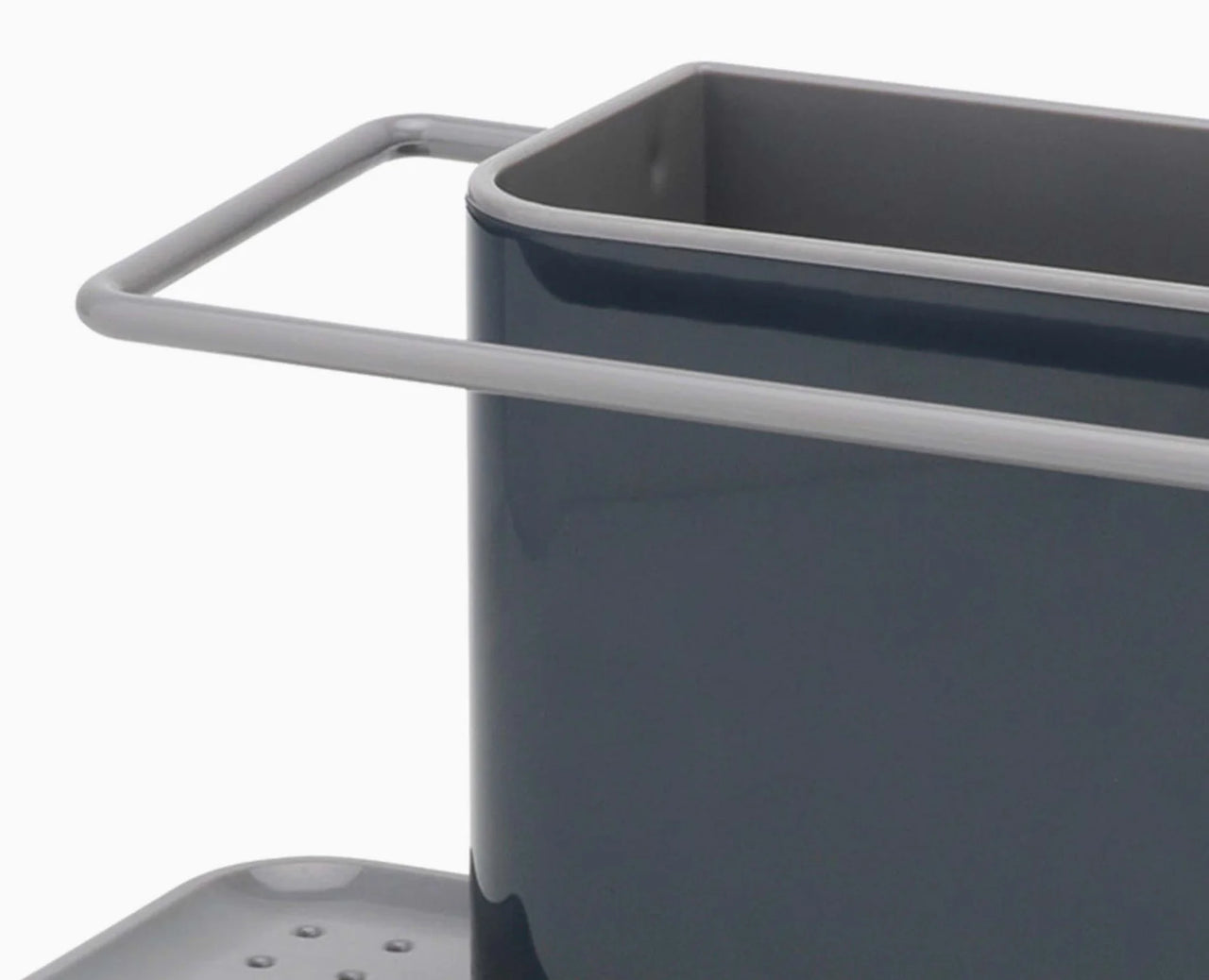 Grey kitchen sink caddy organizer with top side handles and draining base