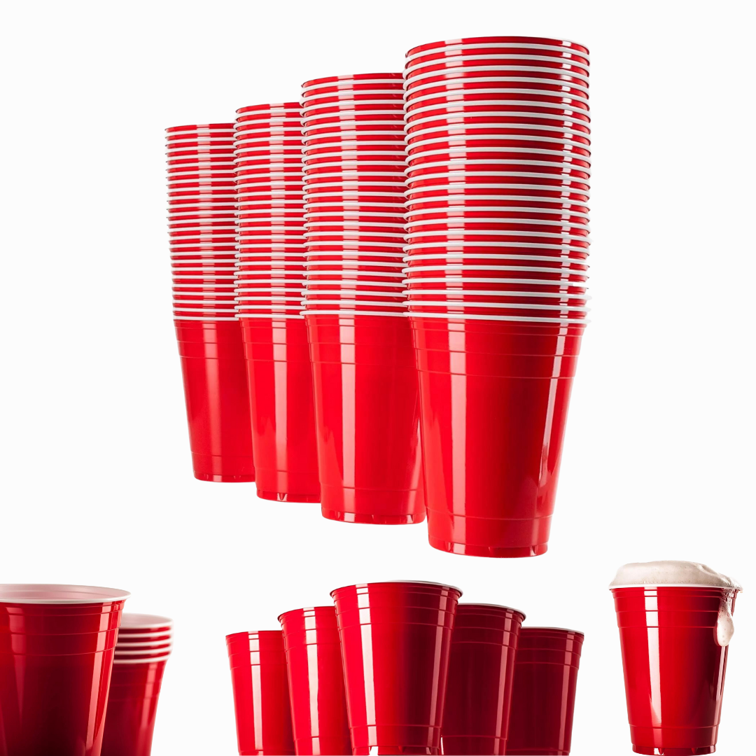Vivaloo red plastic party cups, multiple stacks and single cups on white