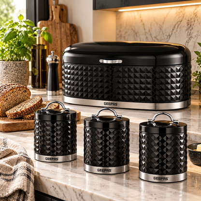 Geepas GEEPAS Argyle Bread Bin & Canisters Kitchen Set (Black)