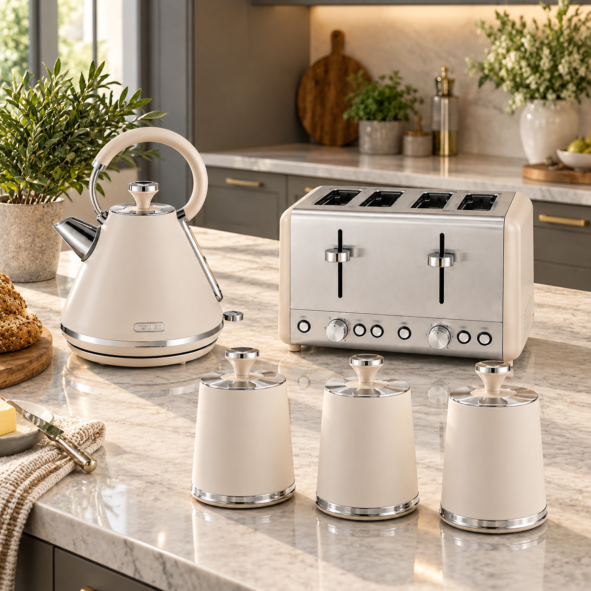 Tower Tower Cavaletto Pyramid Kettle, 4 Slice Toaster & Canisters Kitchen Set (Latte)