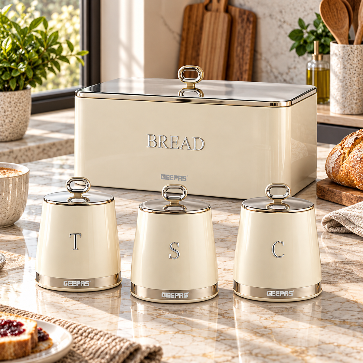 Geepas GEEPAS Retrovive Bread Bin & Canisters Kitchen Set (Cream)