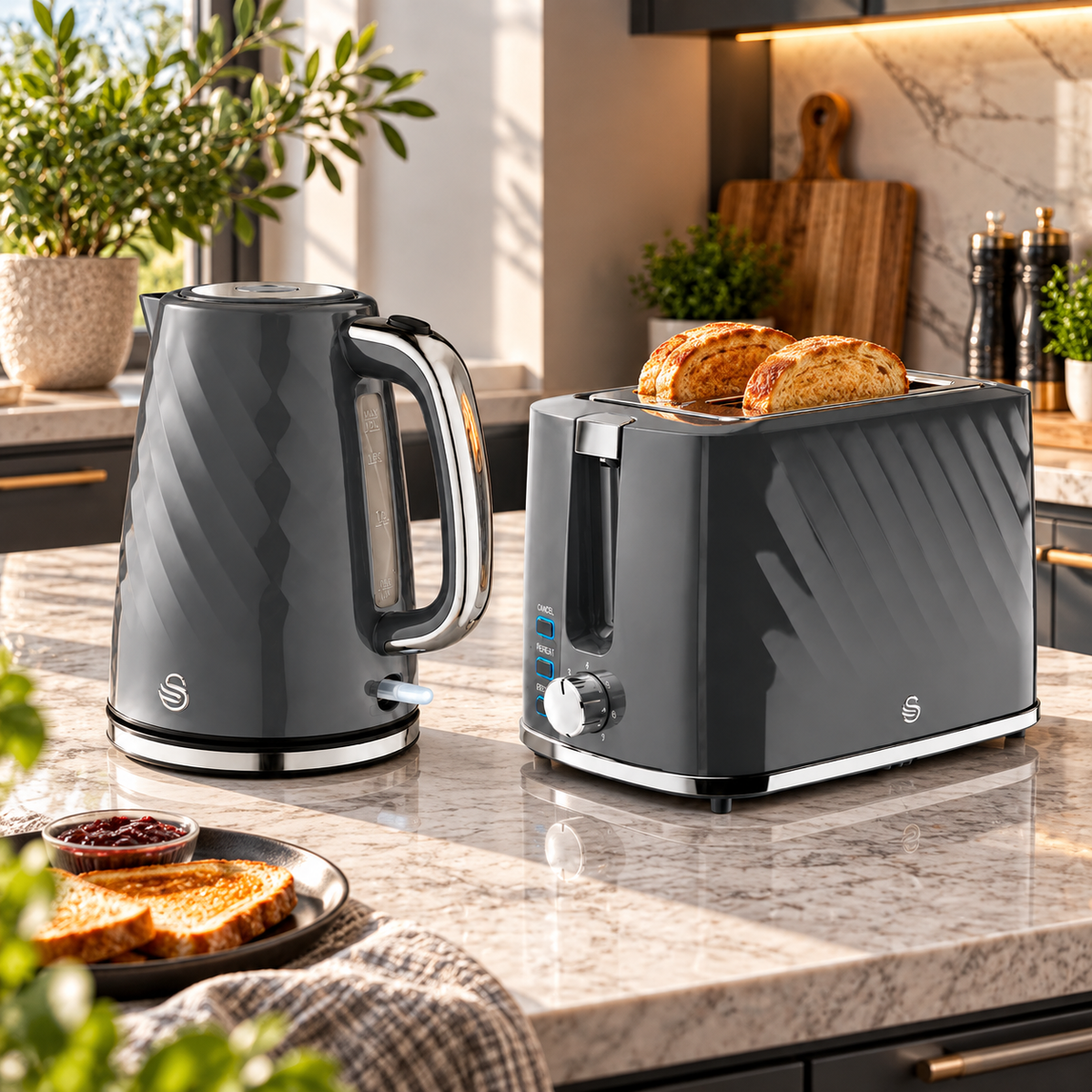 Swan Swan Windsor Kettle & 2 Slice Toaster Kitchen Set (Grey)