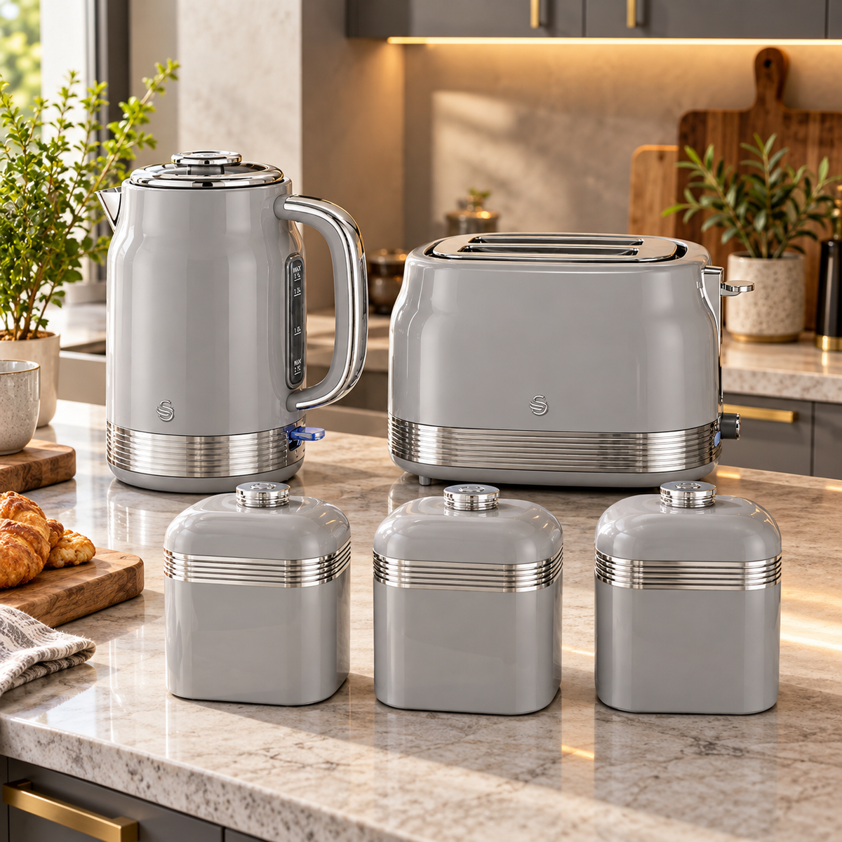Swan Swan Retro Jug Kettle, 2 Slice Toaster & Canisters Kitchen Set (Grey)