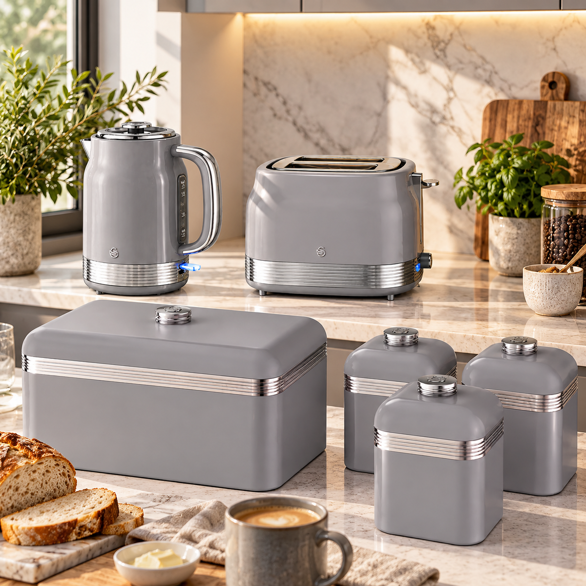 Swan Swan Retro Jug Kettle, 2 Slice Toaster, Bread Bin, Canisters Kitchen Set (Grey)