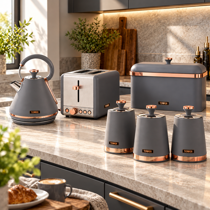 Tower Tower Cavaletto Pyramid Kettle, 2 Slice Toaster, Bread Bin & Canisters Kitchen Set (Grey)
