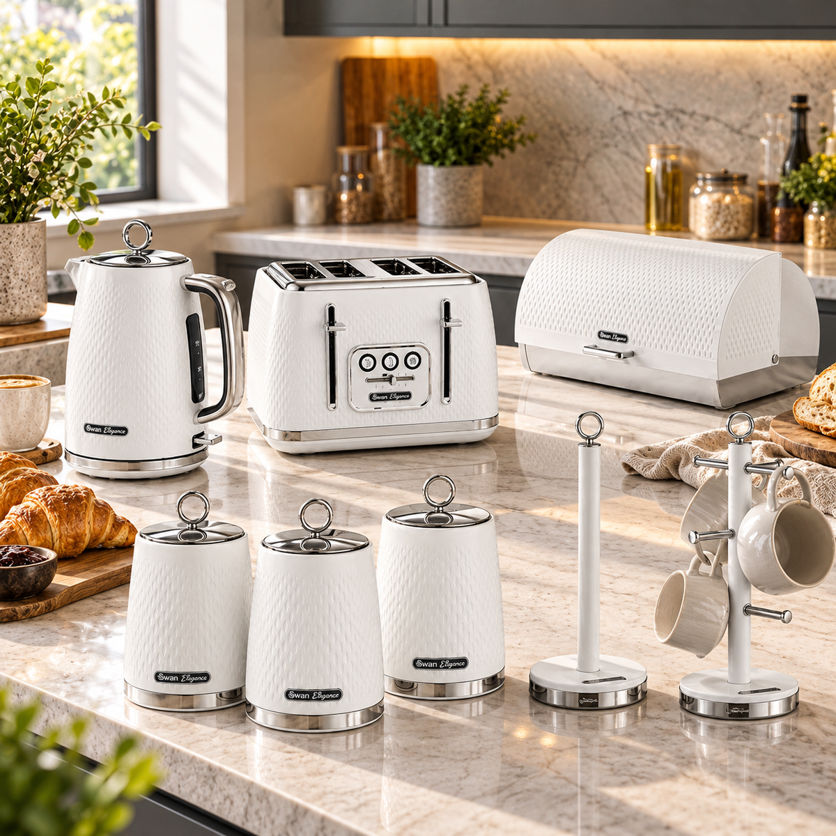 Swan Swan Elegance Kettle, 4 Slice Toaster, Bread Bin, Canisters, Towel Pole & Mug Tree Kitchen Set (White)