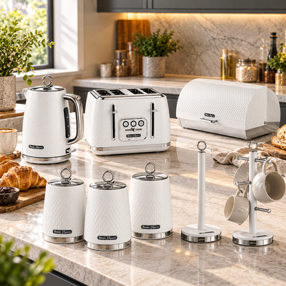 Swan Swan Elegance Kettle, 4 Slice Toaster, Bread Bin, Canisters, Towel Pole & Mug Tree Kitchen Set (White)