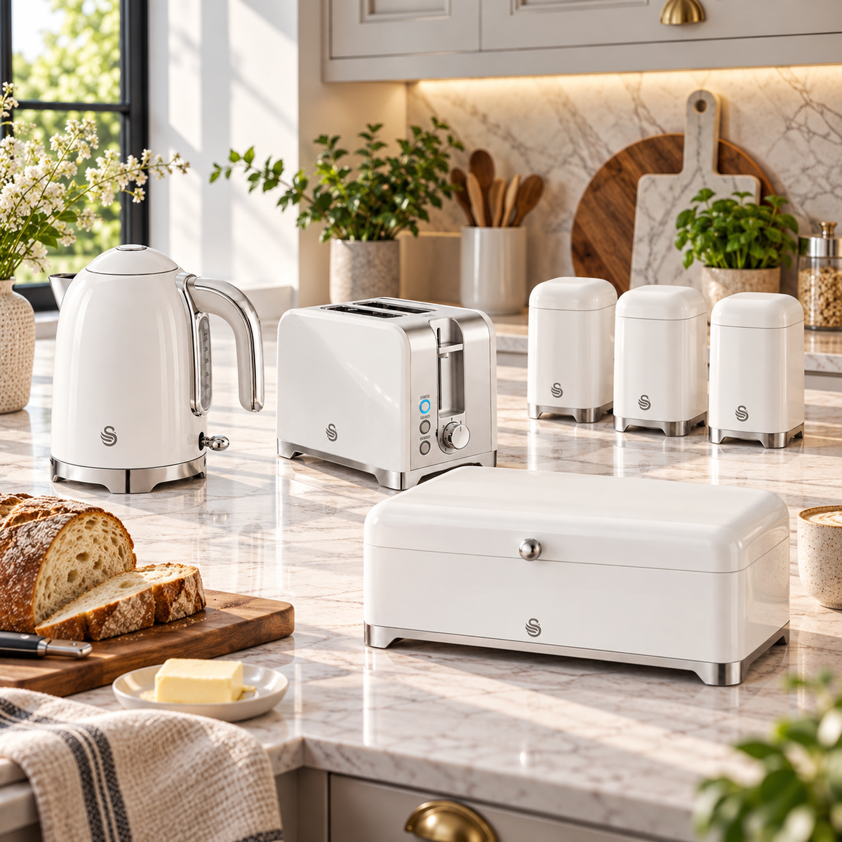 Swan Swan Solace Jug Kettle, 2 Slice Toaster, Bread Bin & Canisters Kitchen Set (White)