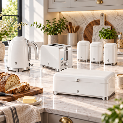 Swan Swan Solace Jug Kettle, 2 Slice Toaster, Bread Bin & Canisters Kitchen Set (White)