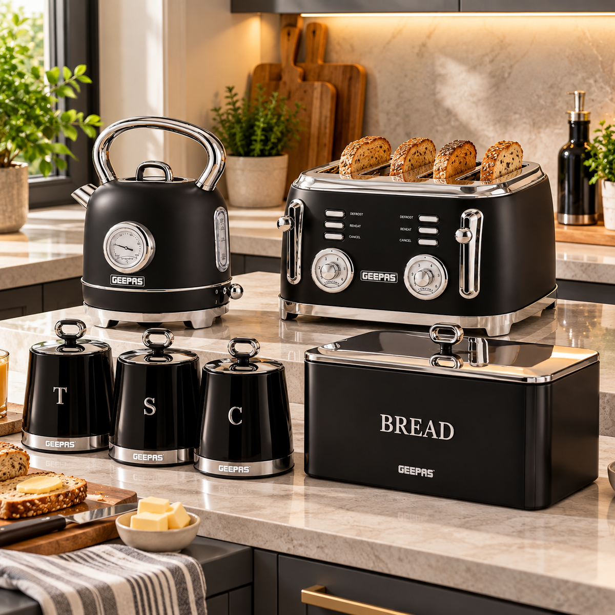 Geepas GEEPAS Retrovive Kettle, 4 Slice Toaster, Bread Bin & Canisters Kitchen Set (Black)