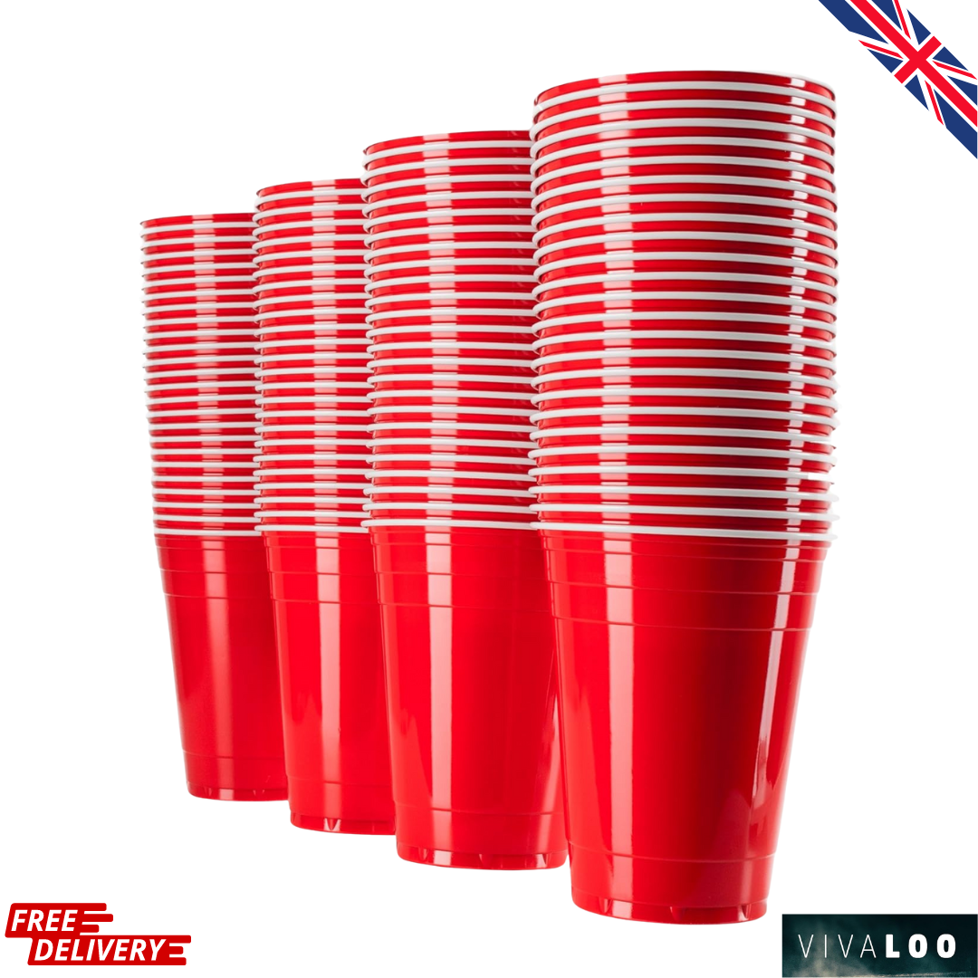 Red plastic disposable cups, 16 oz, stacked with small UK flag graphic