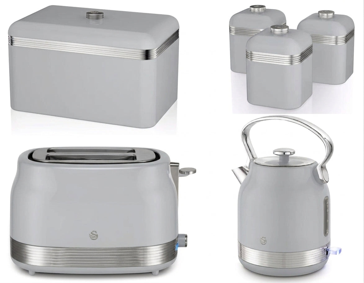 Swan Retro Pyramid Kettle, 2 Slice Toaster, Bread Bin & Canisters Kitchen Set (Grey)