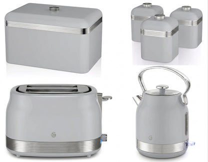 Swan Retro Pyramid Kettle, 2 Slice Toaster, Bread Bin & Canisters Kitchen Set (Grey)