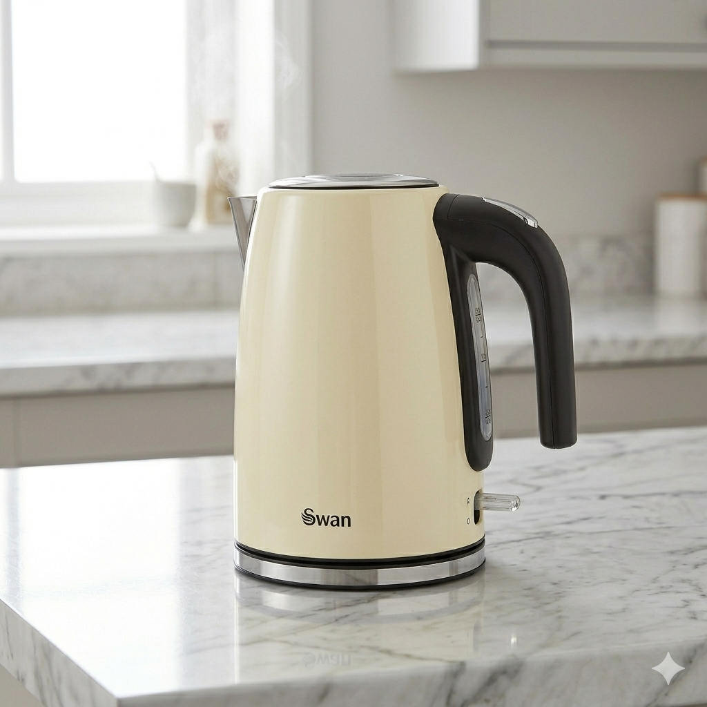 Cream electric kettle with black handle and side control window
