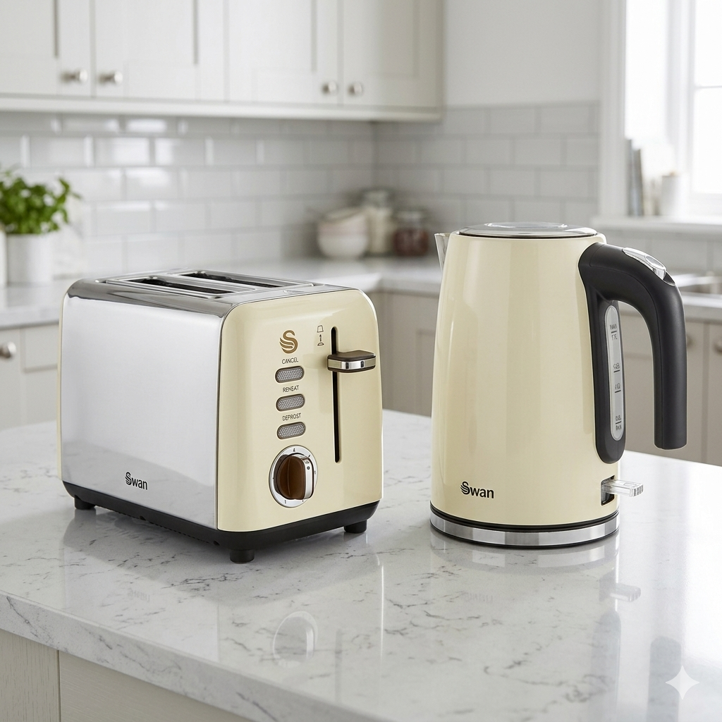 Cream toaster and electric kettle set with black handles and control panel details