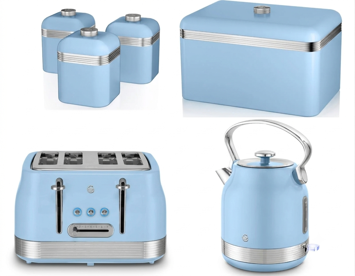 Swan Retro Pyramid Kettle, 4 Slice Toaster, Bread Bin & Canisters Kitchen Set (Blue)
