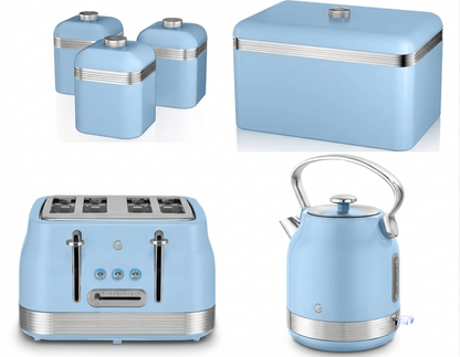 Swan Retro Pyramid Kettle, 4 Slice Toaster, Bread Bin & Canisters Kitchen Set (Blue)