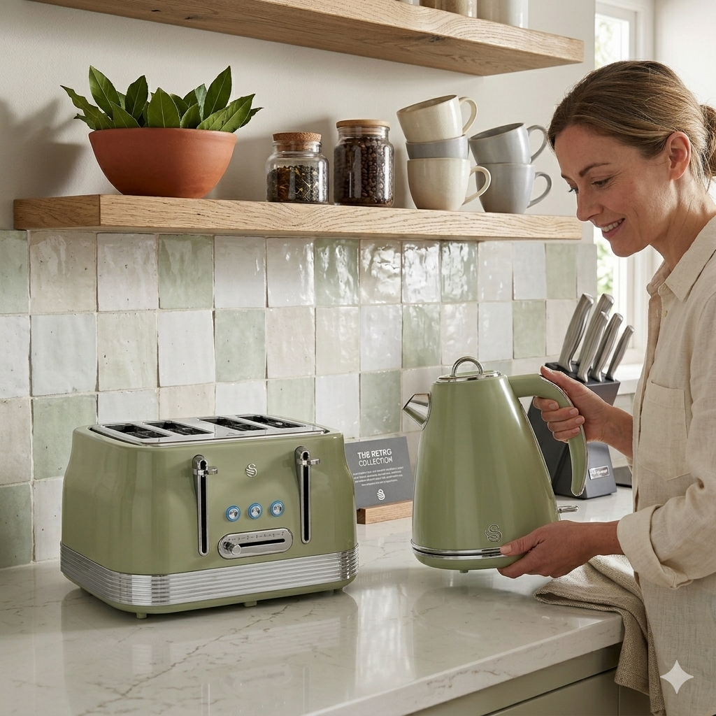 Swan Retro Kettle & 4 Slice Toaster Kitchen Set (Green)