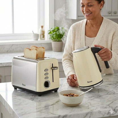 Woman in a kitchen with a toaster, kettle, and bowl of cereal.