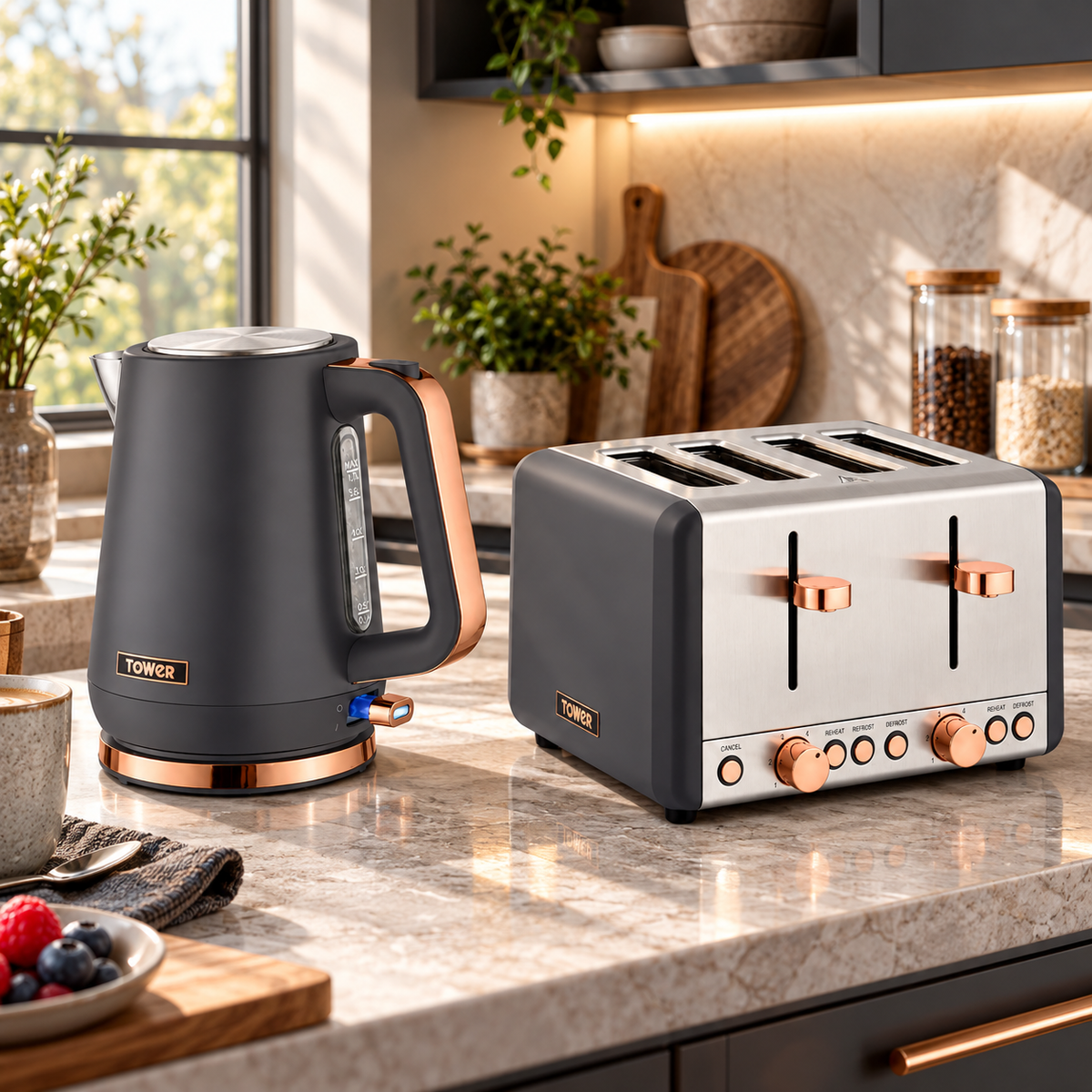 Tower Tower Cavaletto Jug Kettle & 4 Slice Toaster Kitchen Set (Grey)