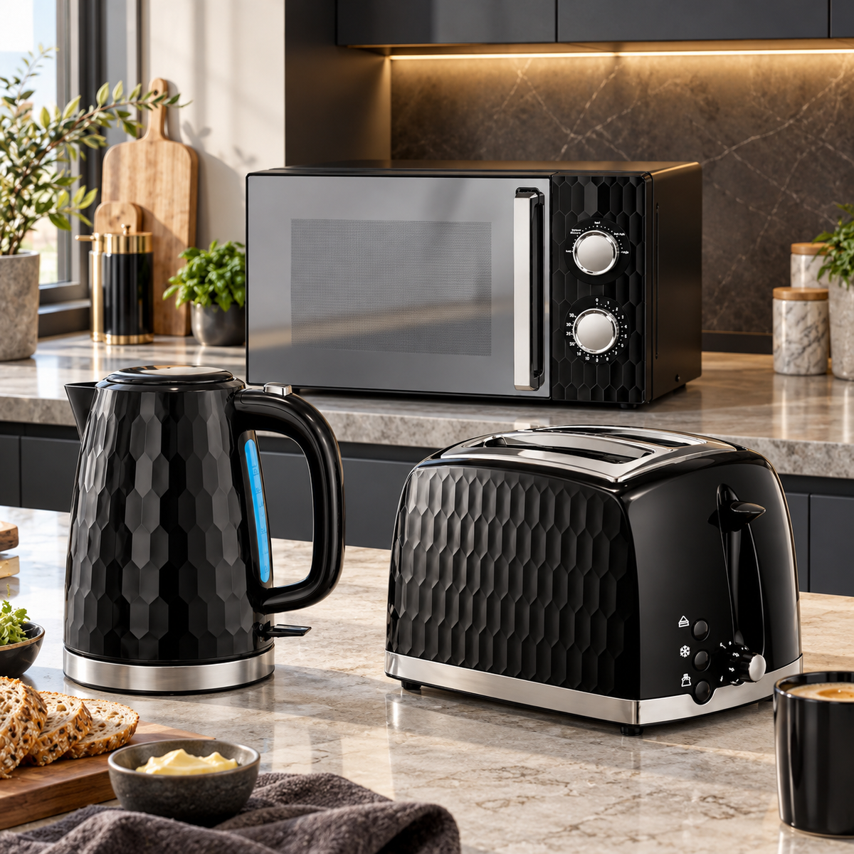 Russell Hobbs Russell Hobbs Honeycomb Kettle, 2 Slice Toaster & Manual Microwave Kitchen Set (Black)