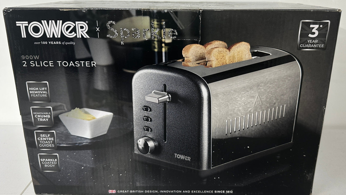 Tower Sparkle 2 Slice Toaster Black Glitz Stainless Steel