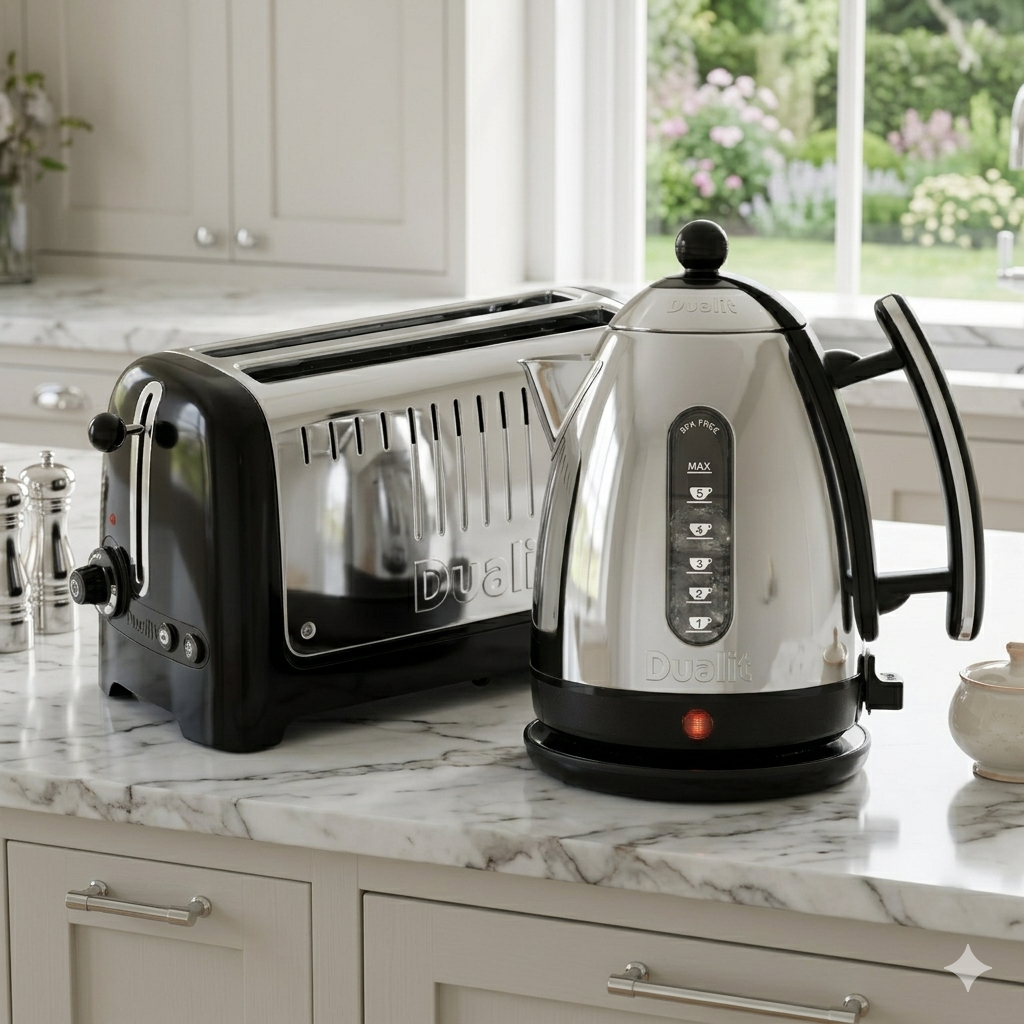 Dualit Lite Jug Kettle & 2 Slice Long Slot Toaster Kitchen Set (Black)