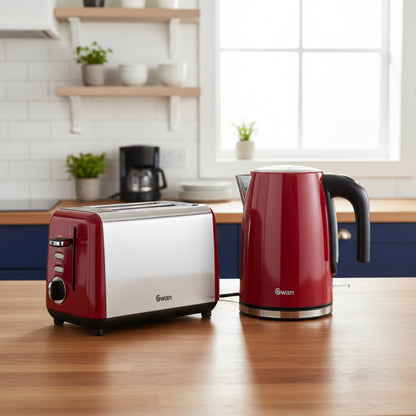 Swan Townhouse Jug Kettle & 2 Slice Toaster Kitchen Set (Red)