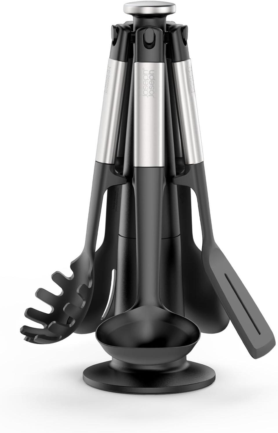 Black utensil carousel stand with stainless top and hanging utensils