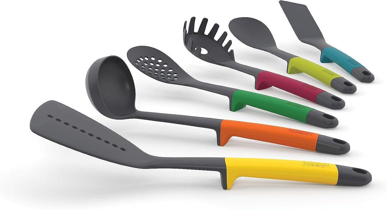 Assorted silicone cooking utensils with multicolored handles in a Joseph Joseph Elevate set
