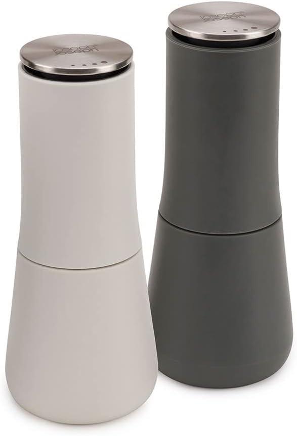 Non-spill salt and pepper mill set, matte white and grey with stainless tops