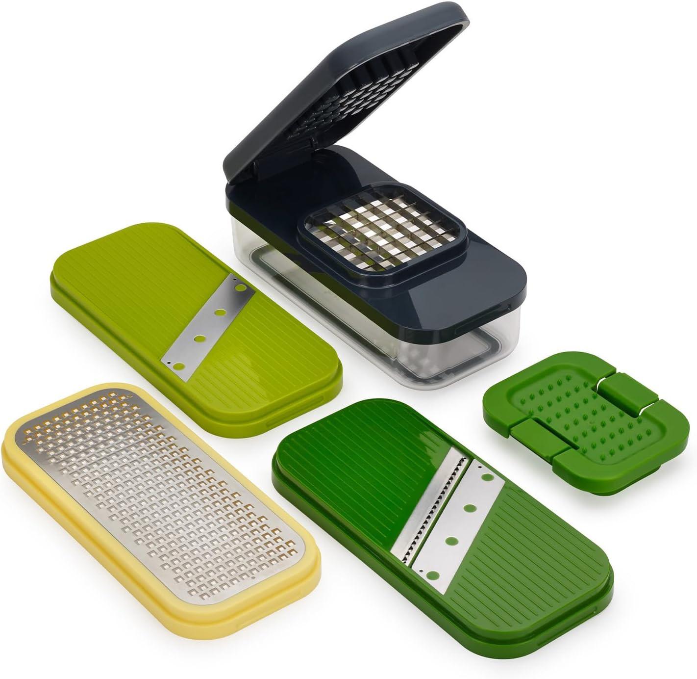 Compact food prep chopper set with assorted colored cutting inserts and open dark main unit