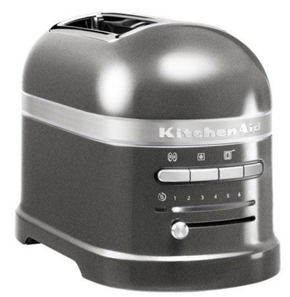 Gray KitchenAid toaster on a white background