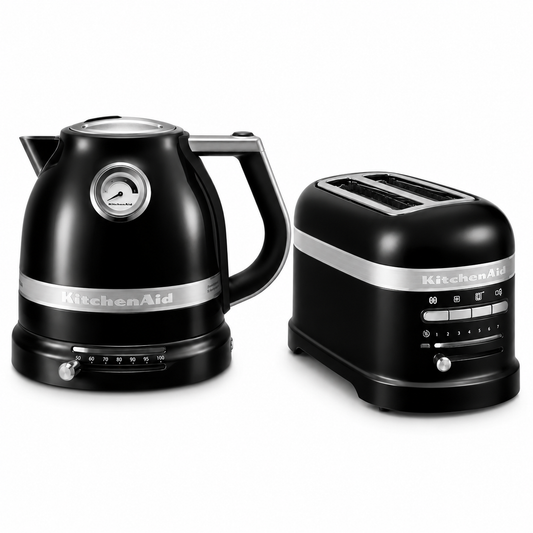 Onyx black kitchen kettle and 2-slice toaster set, shown side by side