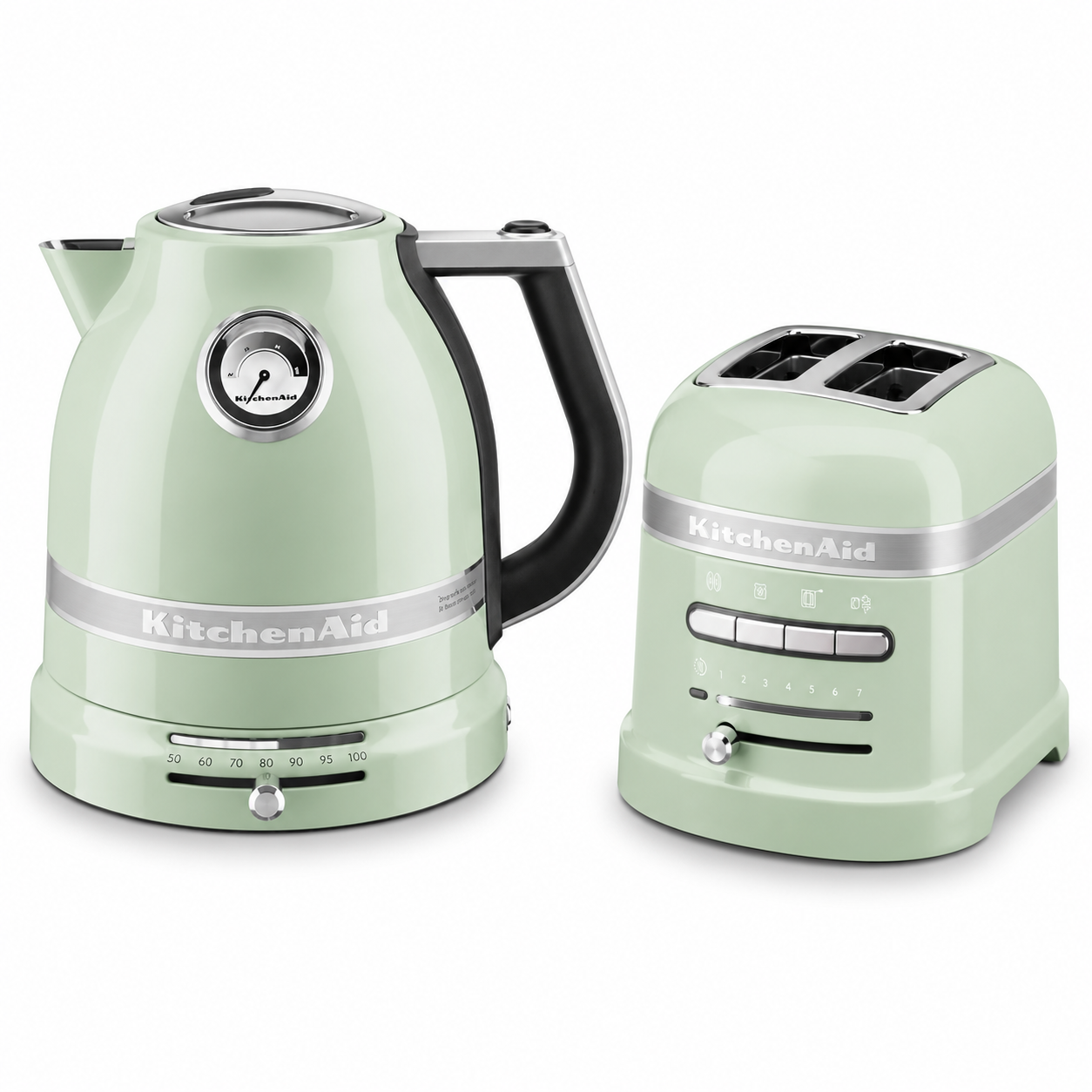 Pistachio green electric kettle and 2-slice toaster set with chrome accents