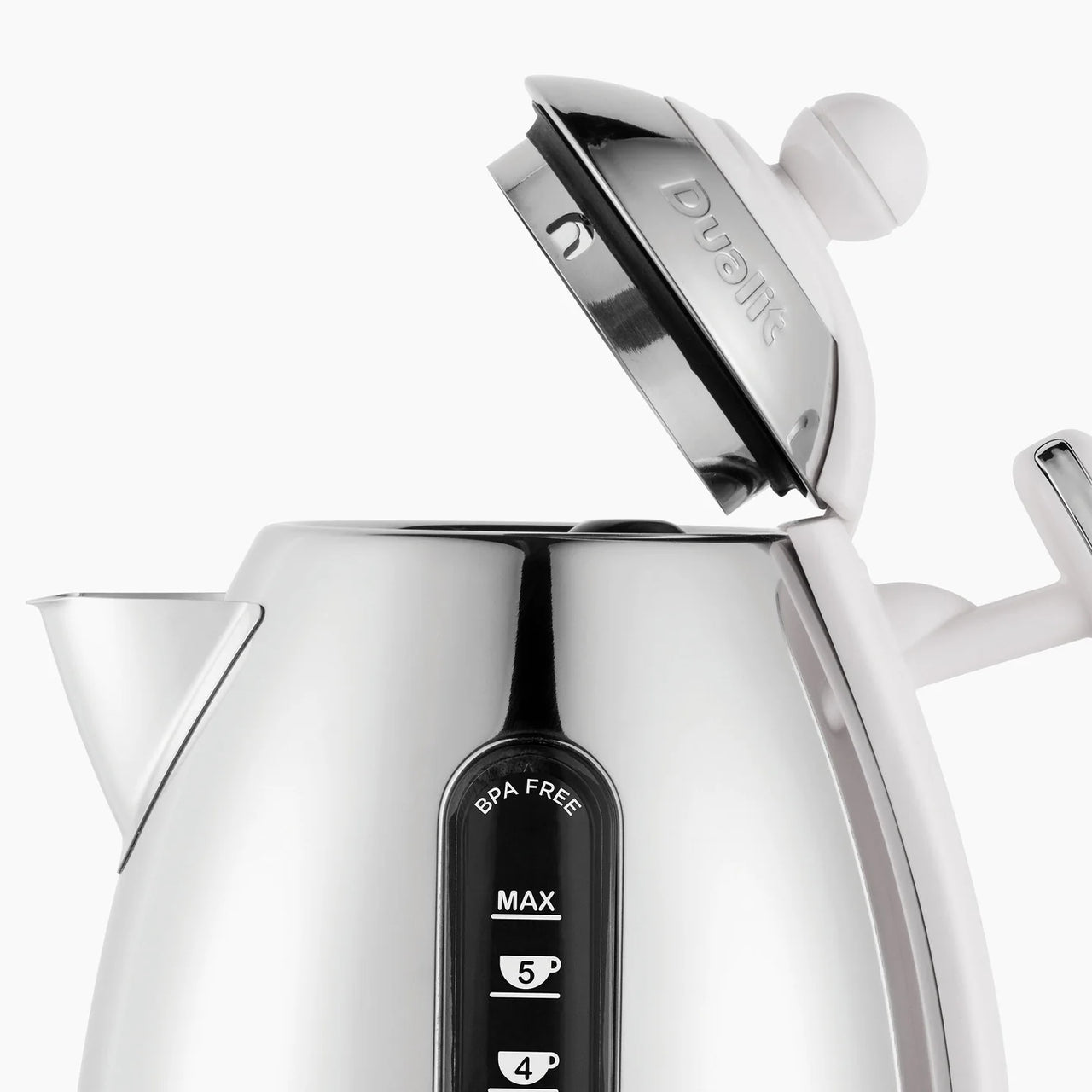 White Dualit kettle with open lid and black MAX water level panel
