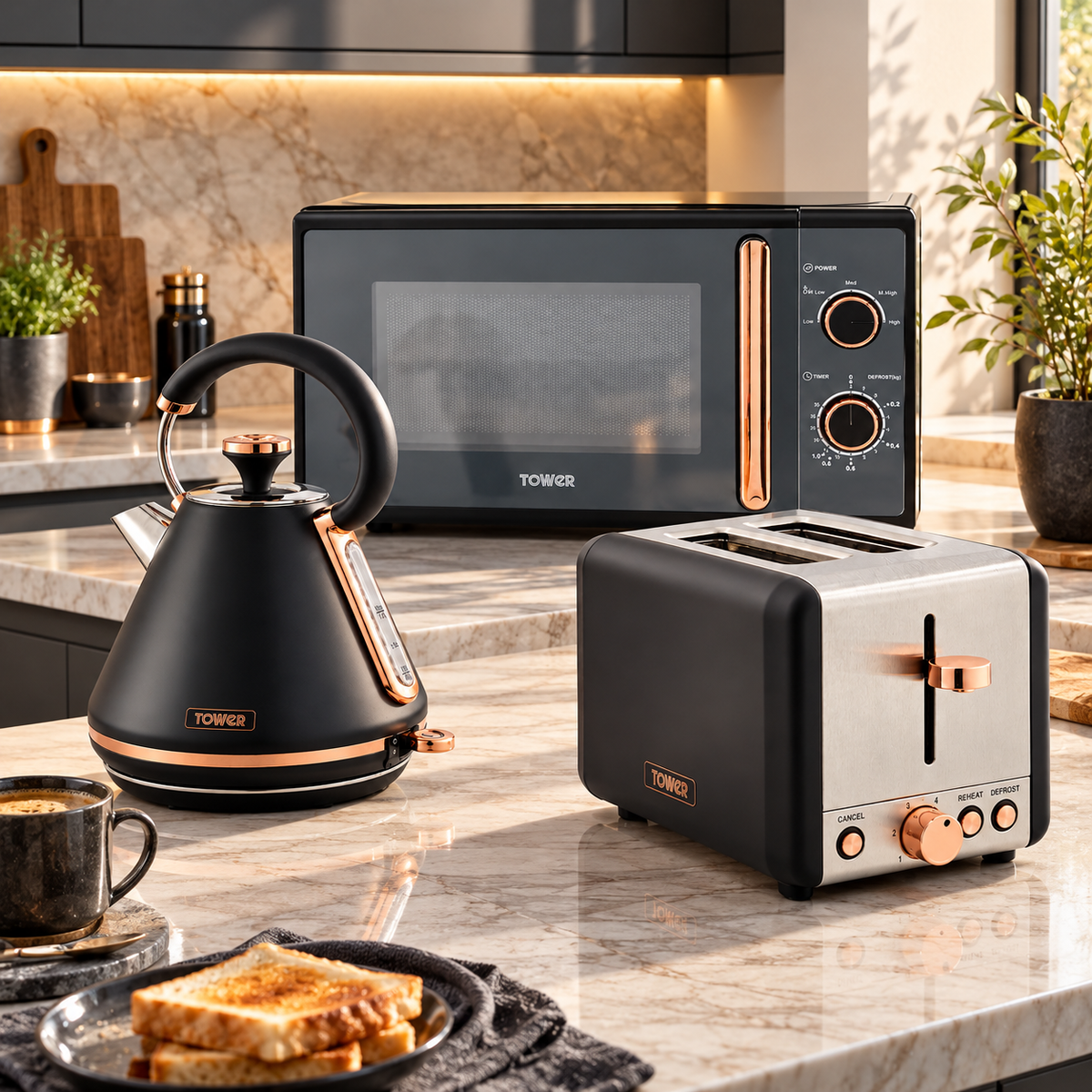 Tower Tower Cavaletto Pyramid Kettle, 2 Slice Toaster & Microwave Kitchen Set (Black)