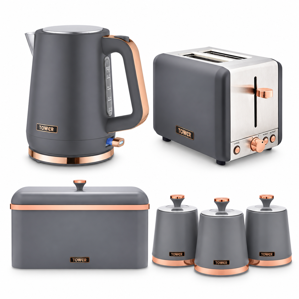 Tower Tower Cavaletto Jug Kettle, 2 Slice Toaster, Bread Bin & Canisters Kitchen Set (Grey)