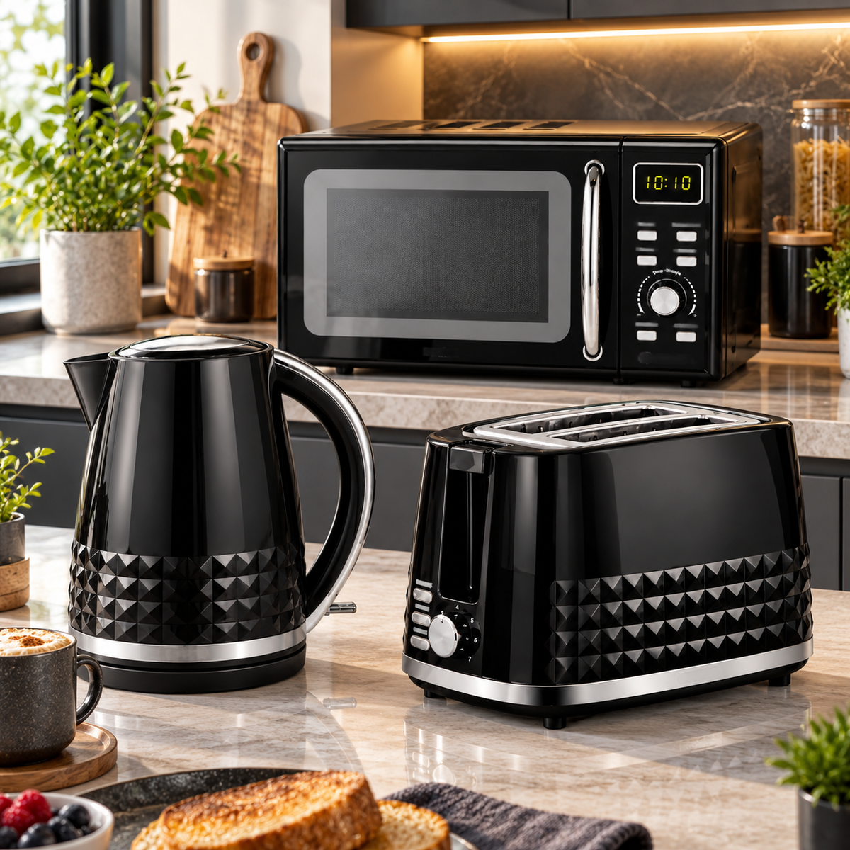 Tower Tower Solitaire Kettle, 2 Slice Toaster & Microwave Kitchen Set (Black)
