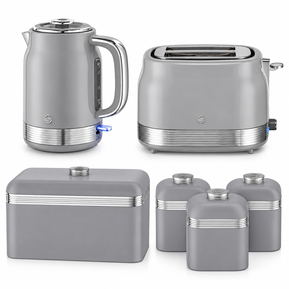Swan Swan Retro Jug Kettle, 2 Slice Toaster, Bread Bin, Canisters Kitchen Set (Grey)
