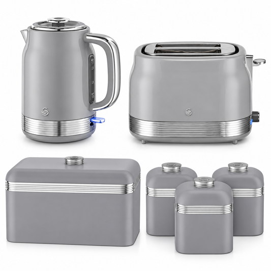 Swan Swan Retro Jug Kettle, 2 Slice Toaster, Bread Bin, Canisters Kitchen Set (Grey)