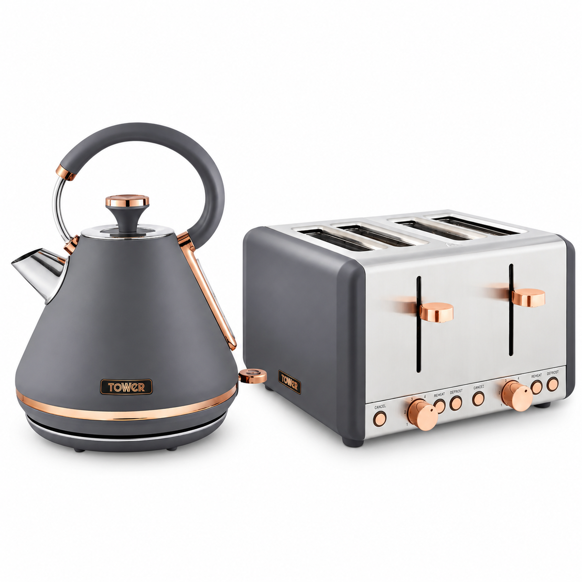 Tower Tower Cavaletto Pyramid Kettle & 4 Slice Toaster Kitchen Set (Grey)