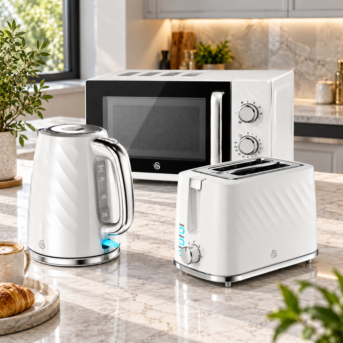 Swan Swan Windsor Kettle, 2 Slice Toaster & Microwave Kitchen Set (White)