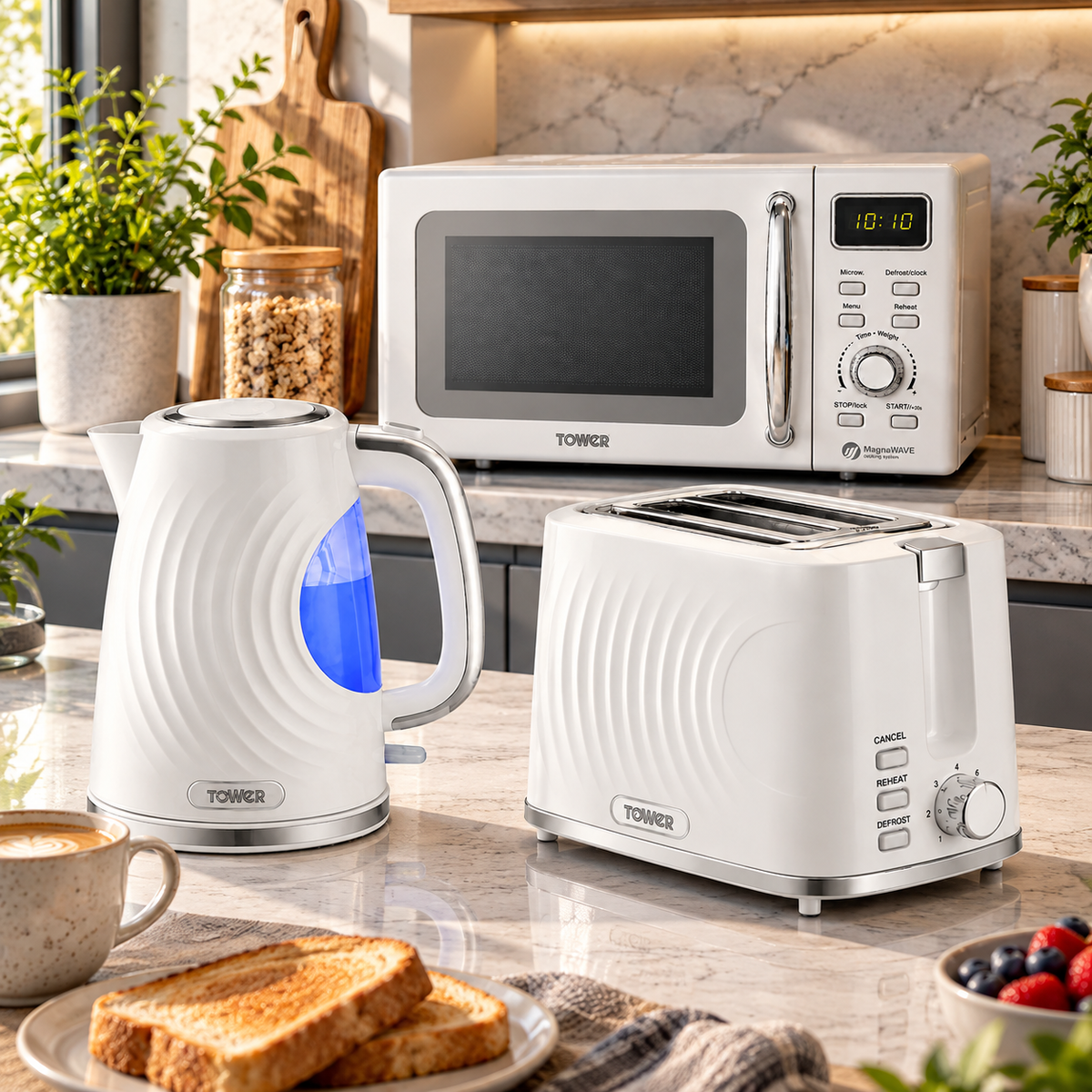 Tower Tower Sonar Kettle, 2 Slice Toaster & Microwave Kitchen Set (White)