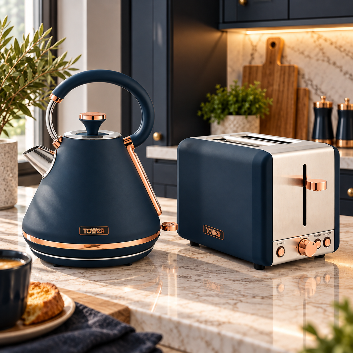 Tower Tower Cavaletto Pyramid Kettle & 2 Slice Toaster Kitchen Set (Midnight Blue)