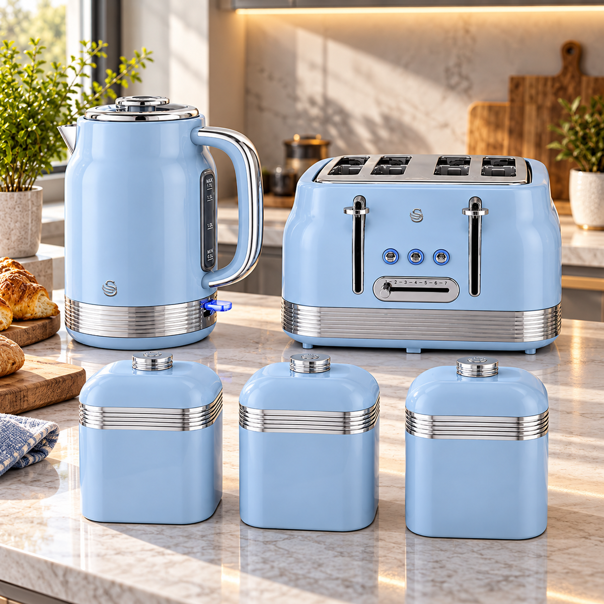 Swan Swan Retro Jug Kettle, 4 Slice Toaster & Canisters Kitchen Set (Blue)