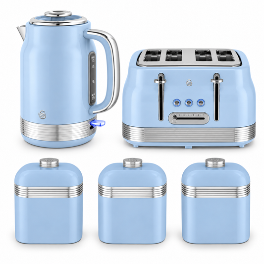 Swan Swan Retro Jug Kettle, 4 Slice Toaster & Canisters Kitchen Set (Blue)