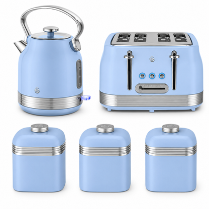 Swan Swan Retro Pyramid Kettle, 4 Slice Toaster & Canisters Kitchen Set (Blue)