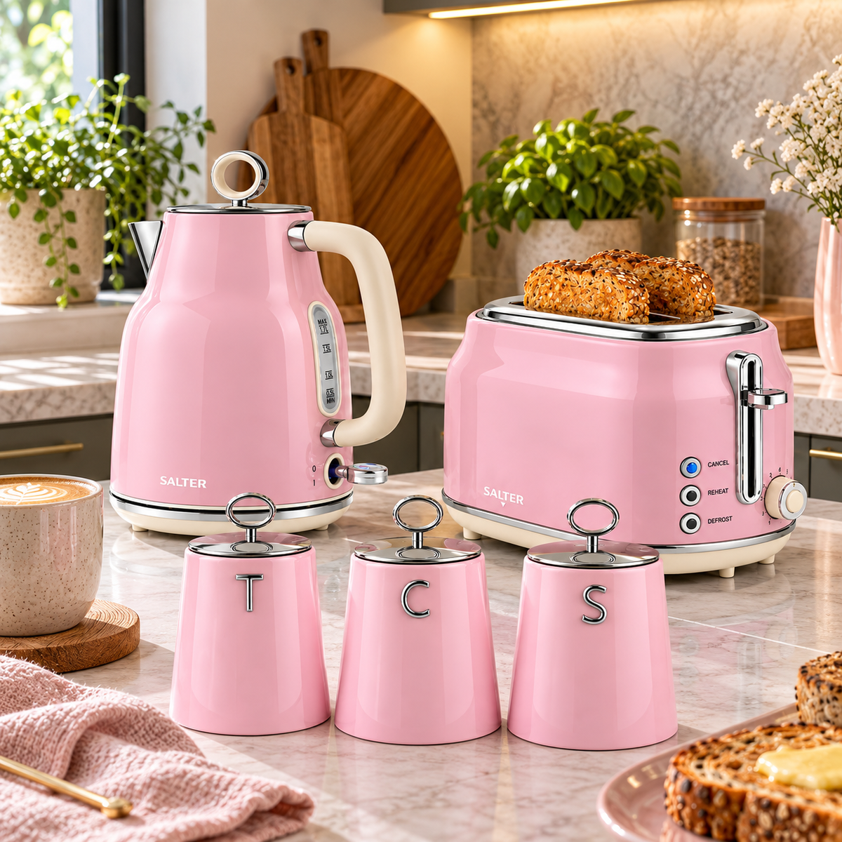 Salter Salter Retro Kettle, 2 Slice Toaster & Canisters Kitchen Set (Pink)