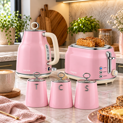 Salter Salter Retro Kettle, 2 Slice Toaster & Canisters Kitchen Set (Pink)